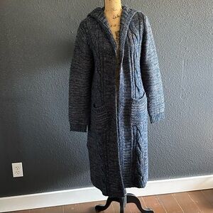 Mystree Hooded Long Cardigan Sweater Duster Blue Marled Knit Pockets L